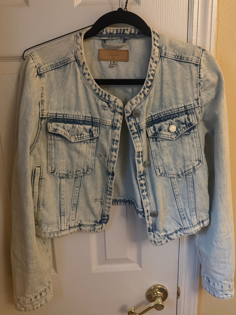 Blank NYC Light Blue Washed Collarless Denim Jacket
